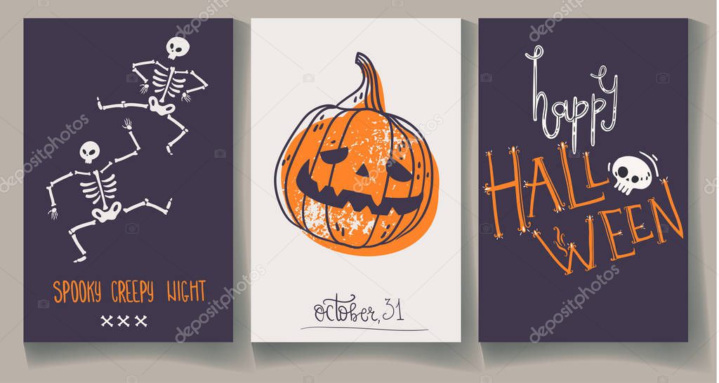 Greeting Halloweens cards with pumpkin, skeleton and hand lettering