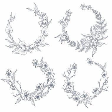 Çağdaş tarzda siyah beyaz çiçek çelenkleri. yapraklar ve dallar