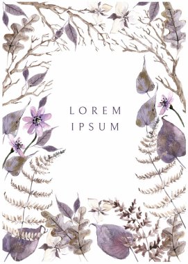 Çiçekler, dallar ve bitkilerle suluboya çerçeveler. Kahverengi ve mor