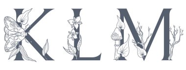 Suluboya El Çizilmiş tropik harfler monograms veya logo. Büyük Harf G, H, I, orman bitki süsleri ile. Palmiye ve monstera yaprakları, çiçekler ve flamingo. El boyaması