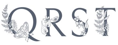 Suluboya El Çizilmiş tropik harfler monograms veya logo. Büyük Harf G, H, I, orman bitki süsleri ile. Palmiye ve monstera yaprakları, çiçekler ve flamingo. El boyaması