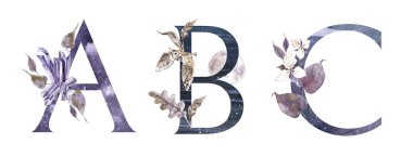 Suluboya El Çizilmiş tropik harfler monograms veya logo. Büyük Harf G, H, I, orman bitki süsleri ile. Palmiye ve monstera yaprakları, çiçekler ve flamingo. El boyaması