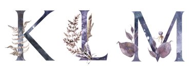 Suluboya El Çizilmiş tropik harfler monograms veya logo. Büyük Harf G, H, I, orman bitki süsleri ile. Palmiye ve monstera yaprakları, çiçekler ve flamingo. El boyaması