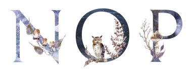 Suluboya El Çizilmiş tropik harfler monograms veya logo. Büyük Harf G, H, I, orman bitki süsleri ile. Palmiye ve monstera yaprakları, çiçekler ve flamingo. El boyaması