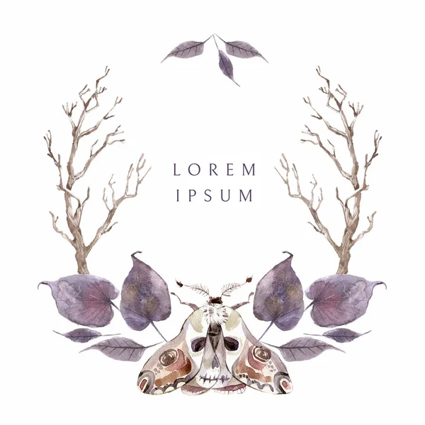 Akvarell Mystisk Rund Ram Med Blommor Grenar Och Ekblad Brun — Stockfoto