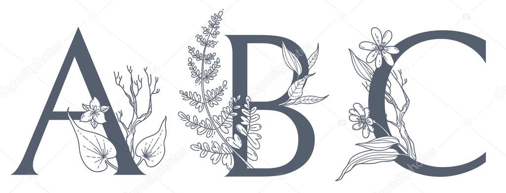 Watercolor Hand Drawn tropic letters monograms or logo. Uppercase G, H, I, with jungle herbal decorations. Palm and monstera leaves, flowers and flamingo. Hand painted