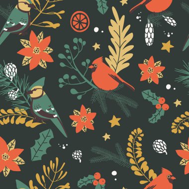 Noel dekoratif unsurları olan kusursuz desenler. Bitkiler, dallar, kuşlar. Geleneksel semboller, vektör illüstrasyonu.