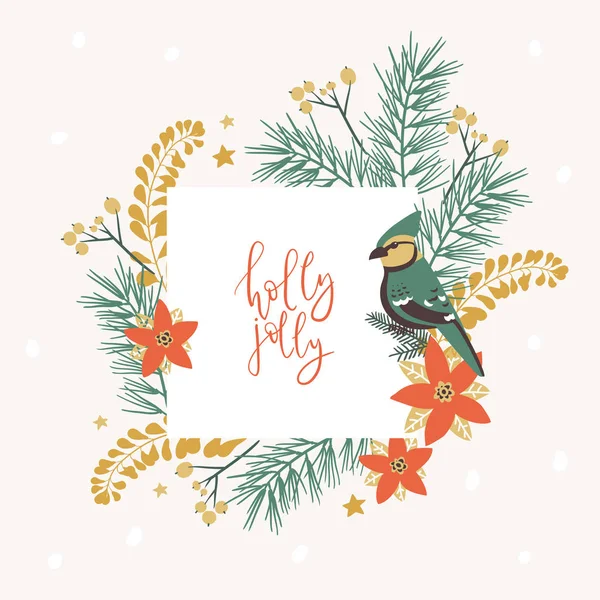 Πλαίσιο Χριστουγεννιάτικα Διακοσμητικά Στοιχεία Φυτά Κλαδιά Jay Bird Παραδοσιακά Σύμβολα — Διανυσματικό Αρχείο
