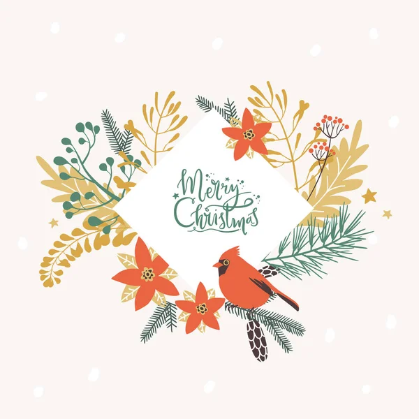Marco Con Elementos Decorativos Navidad Plantas Ramas Pájaro Cardenal Rojo — Archivo Imágenes Vectoriales