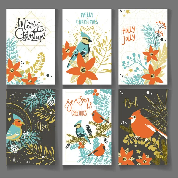 Колекція Різдвяних Зимових Листівок Написом Птахами Рослинами Готовий Шаблон Друк — стоковий вектор