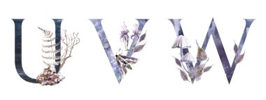 Suluboya El Çizilmiş tropik harfler monograms veya logo. Büyük Harf G, H, I, orman bitki süsleri ile. Palmiye ve monstera yaprakları, çiçekler ve flamingo. El boyaması