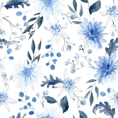 Siyah ve mavi bitkiler, yapraklar ve çiçeklerle sulu boya deseni