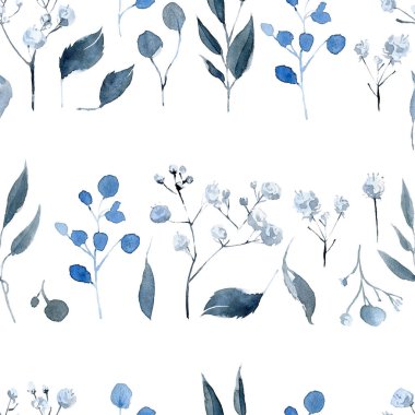 Siyah ve mavi bitkiler, yapraklar ve çiçeklerle sulu boya deseni