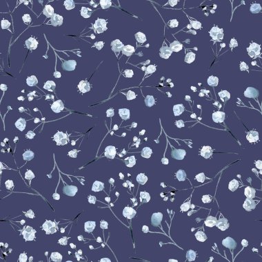 Siyah ve mavi bitkiler, yapraklar ve çiçeklerle sulu boya deseni