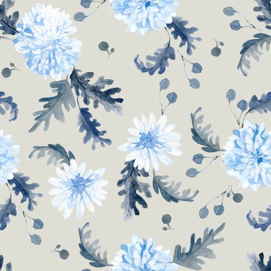 Siyah ve mavi bitkiler, yapraklar ve çiçeklerle sulu boya deseni