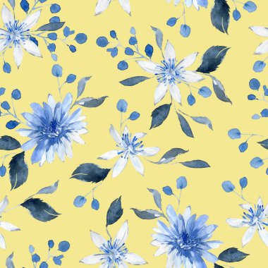 Siyah ve mavi bitkiler, yapraklar ve çiçeklerle sulu boya deseni