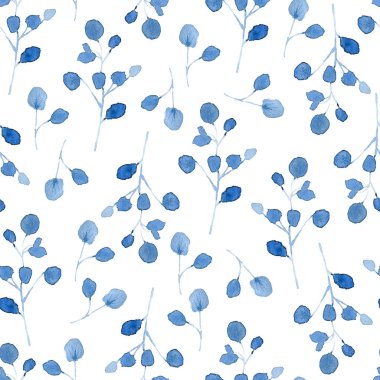 Siyah ve mavi bitkiler, yapraklar ve dallarla sulu boya deseni