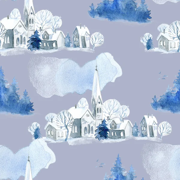Watercolor Seamless Pattern Old Traditional Winter Town Catholic Church Fairytale — Stock Photo, Image