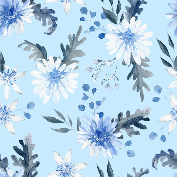 Aquarel Naadloos Patroon Met Zwarte Blauwe Planten Bladeren Bloemen — Stockfoto