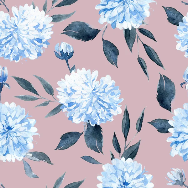 Watercolor Seamless Pattern Black Blue Plants Leaves Flowers — Stock Photo, Image