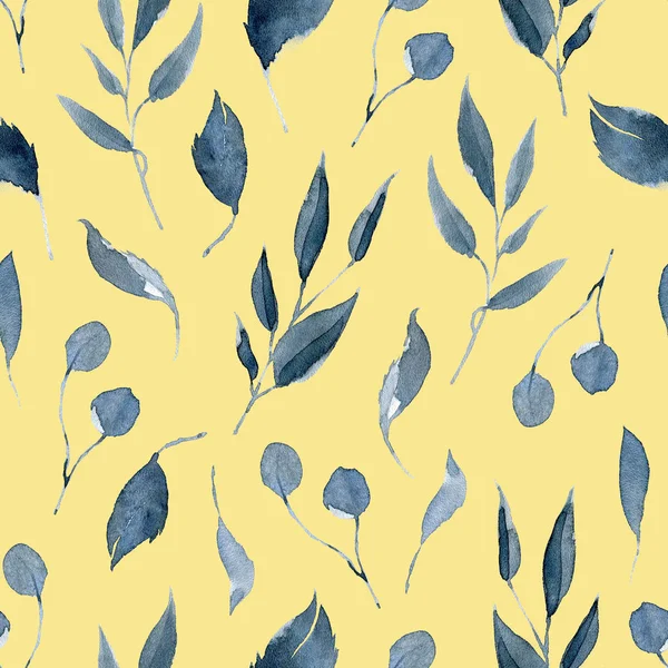 Watercolor Seamless Pattern Black Blue Plants Leaves Branches — Stock Photo, Image
