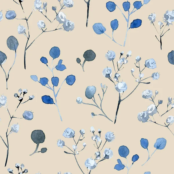 Wzór Bezszwowy Akwarela Czarnymi Niebieskimi Roślinami Liśćmi Kwiatami — Zdjęcie stockowe