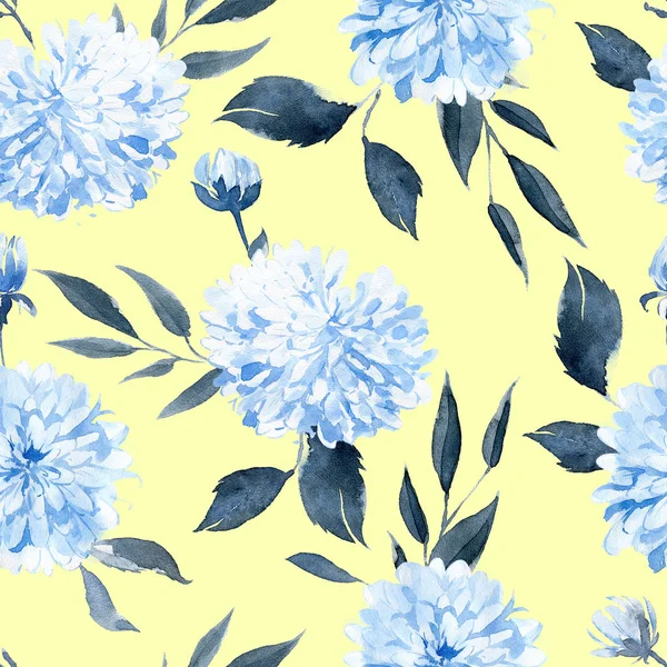 Watercolor Seamless Pattern Black Blue Plants Leaves Flowers — Stock Photo, Image