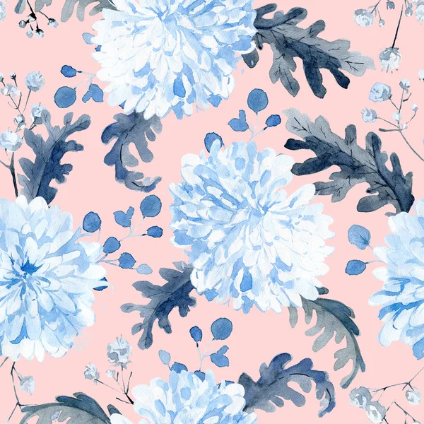 Watercolor Seamless Pattern Black Blue Plants Leaves Flowers — Stock Photo, Image