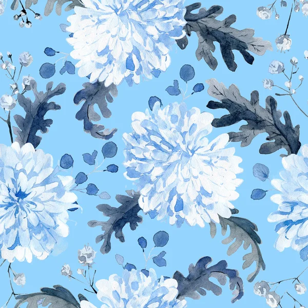 Watercolor Seamless Pattern Black Blue Plants Leaves Flowers — Stock Photo, Image