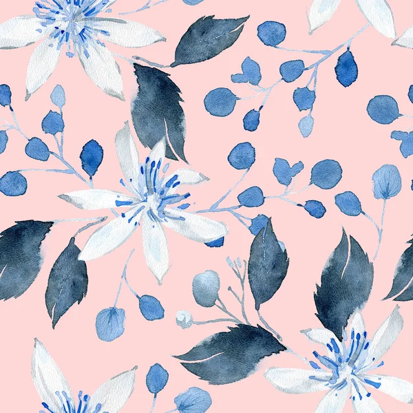 Watercolor Seamless Pattern Black Blue Plants Leaves Flowers — Stock Photo, Image