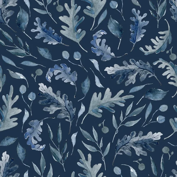 Watercolor Seamless Pattern Black Blue Plants Leaves Branches — Stock Photo, Image