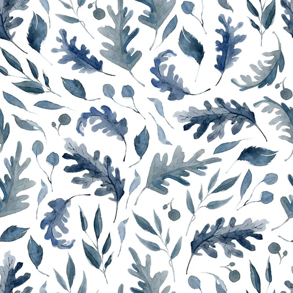 Watercolor Seamless Pattern Black Blue Plants Leaves Branches — Stock Photo, Image