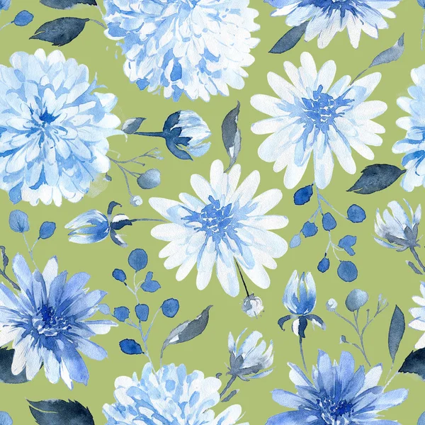 水彩无缝图案 由黑色和蓝色植物 叶子和花朵组成 — 图库照片