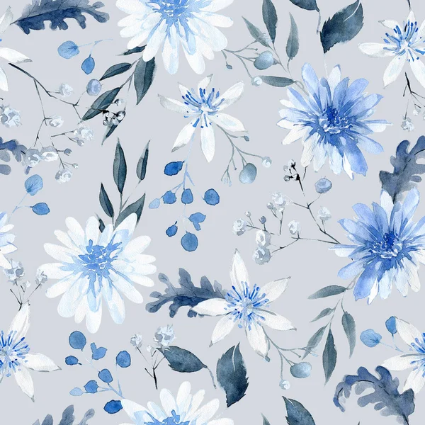 Watercolor Seamless Pattern Black Blue Plants Leaves Flowers — Stock Photo, Image