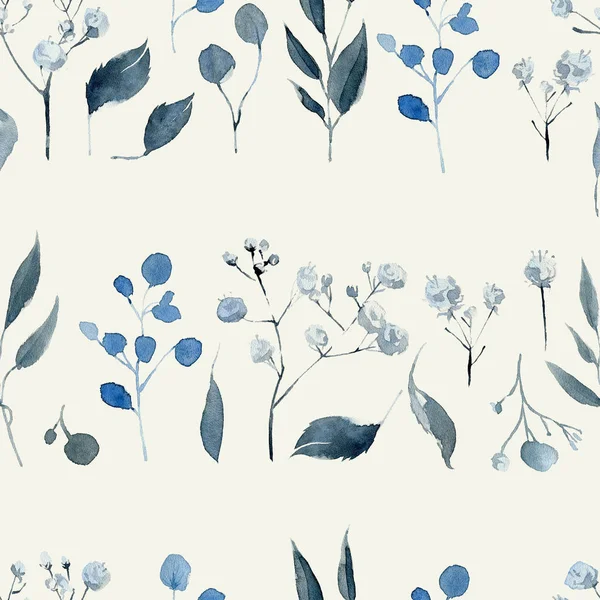 Siyah ve mavi bitkiler, yapraklar ve çiçeklerle sulu boya deseni