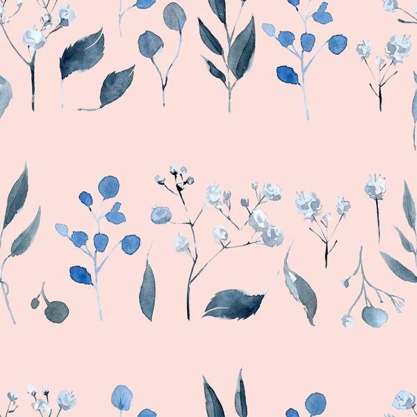 Watercolor Seamless Pattern Black Blue Plants Leaves Flowers — Stock Photo, Image