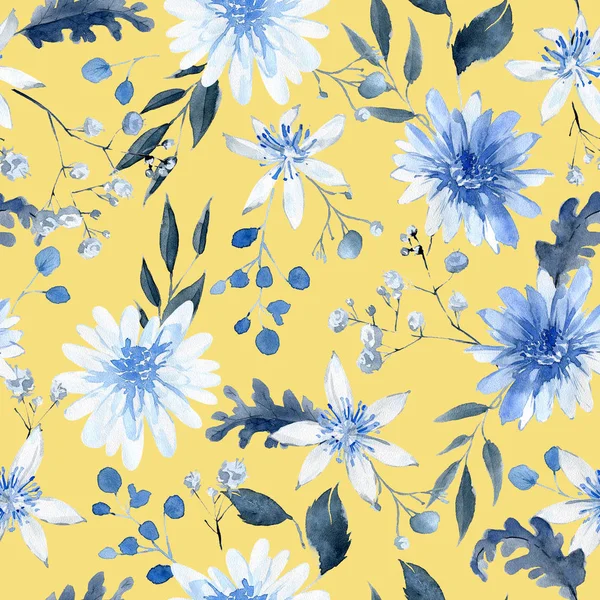 Watercolor Seamless Pattern Black Blue Plants Leaves Flowers — Stock Photo, Image