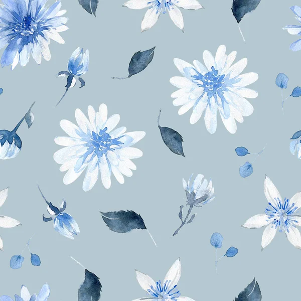 水彩无缝图案 由黑色和蓝色植物 叶子和花朵组成 — 图库照片