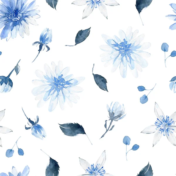 Watercolor Seamless Pattern Black Blue Plants Leaves Flowers — Stock Photo, Image