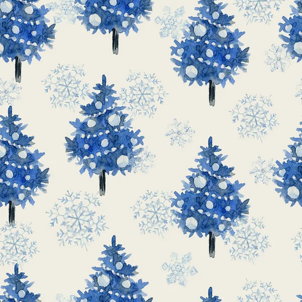 Akvarel Bezešvný Vzor Černými Modrými Vánočními Stromky Zimní Dovolená Sníh — Stock fotografie