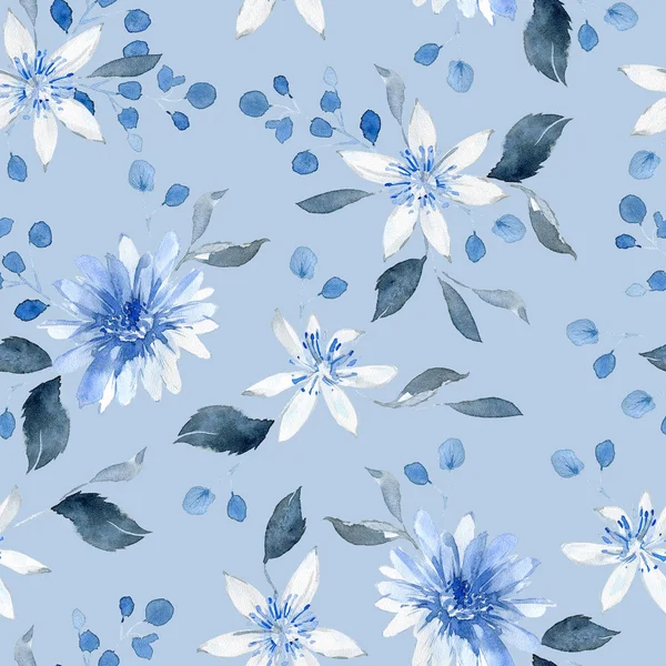 Υδατογραφία Αδιάλειπτη Μοτίβο Μαύρο Και Μπλε Φυτά Φύλλα Και Λουλούδια — Φωτογραφία Αρχείου