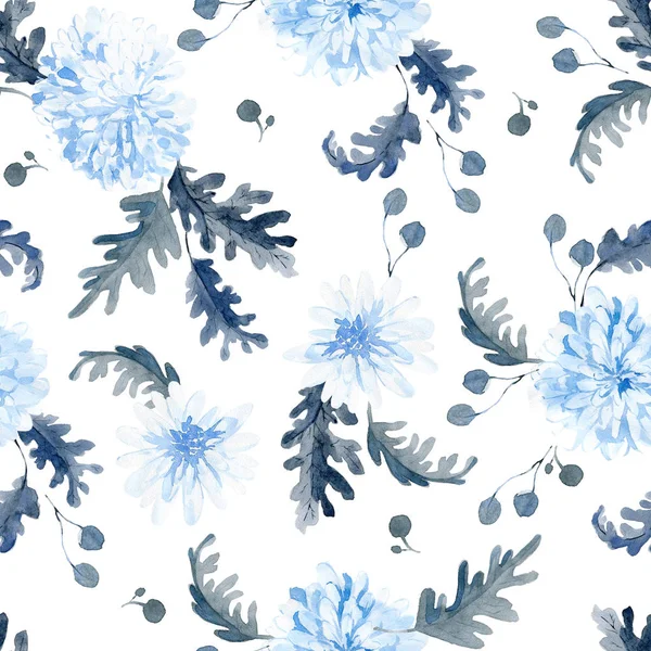 Акварель Бесшовный Узор Черно Голубыми Растениями Листьями Цветами — стоковое фото