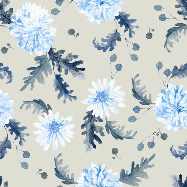 Watercolor Seamless Pattern Black Blue Plants Leaves Flowers — Stock Photo, Image