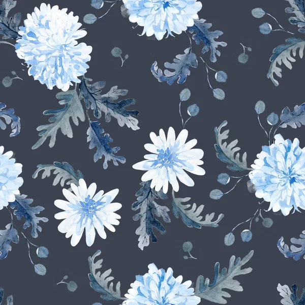 Watercolor Seamless Pattern Black Blue Plants Leaves Flowers — Stock Photo, Image