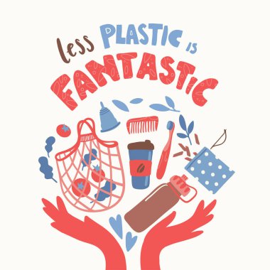 Elle çizilmiş sıfır atık yaşam öğelerine sahip vektör posteri. Daha az plastik harikadır. El yazısı.