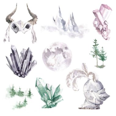 Watercolor Middle Age clipart collection. Gems, landscape elements, historical spirit things and the full moon. Hand drawn. clipart