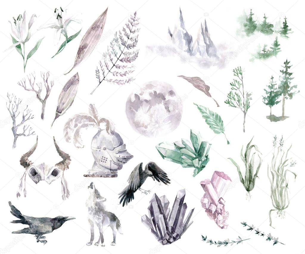 Watercolor Middle Age clipart collection. Wild animals, gems, landscape elements, herbs and flowers, historical spirit things. Hand drawn illustration.
