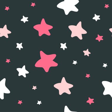 Siyah arka planda yıldızların olduğu kusursuz bir şekil. Pembe renk çizimi. İskandinav tarzı.