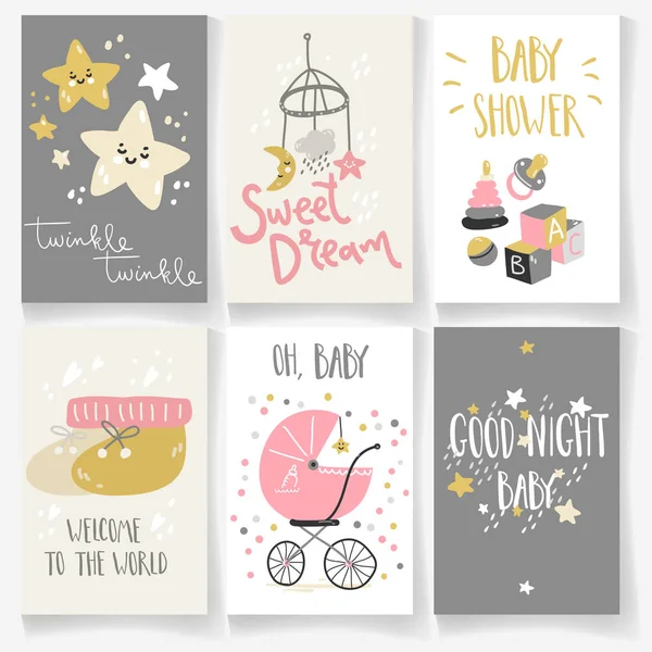 Set Baby Cards Good Night Twinkle Star Sweet Dream Welcome — Stock Vector