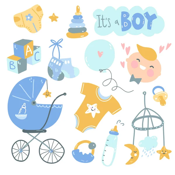 Het Een Jongen Doodle Set Blauwe Gele Babyverzorging Voeding Kleding — Stockvector